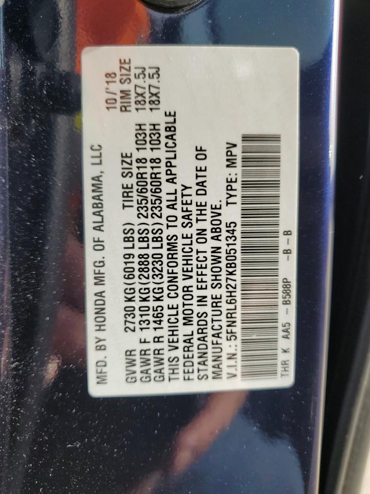 2019 Honda Odyssey VIN 5FNRL6H27KB051345 Copart auction photo, front end / rear end damage thumbnail 14