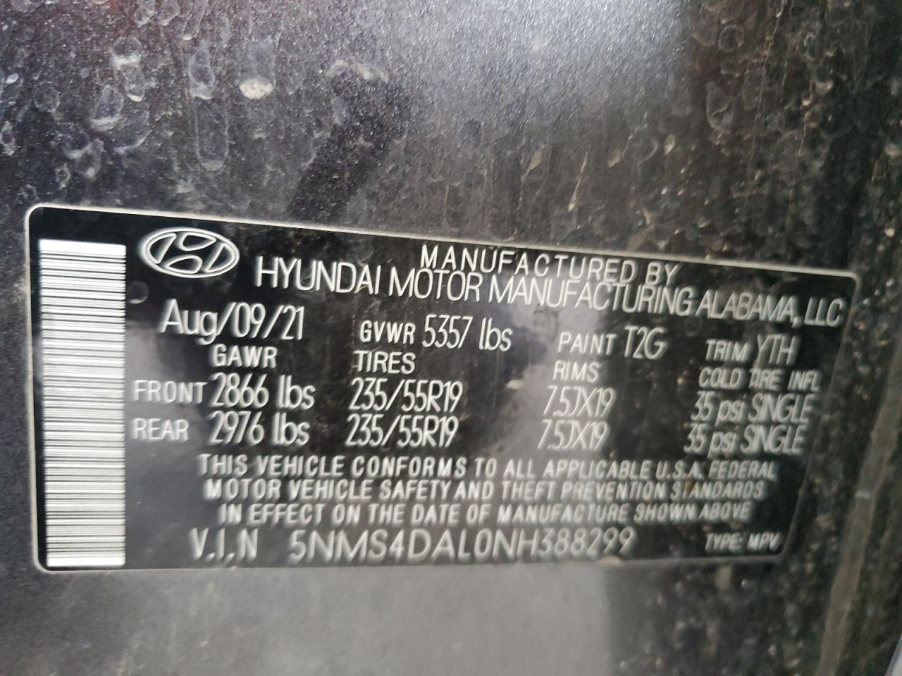 2022 Hyundai Santa Fe VIN 5NMS4DAL0NH388299 Copart auction photo, front end / top/roof damage thumbnail 13