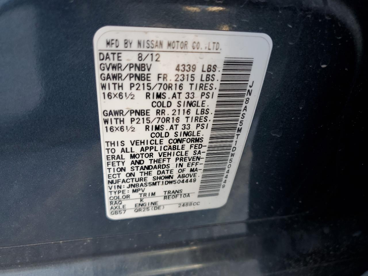 2013 Nissan Rogue VIN JN8AS5MT1DW504449 Copart auction photo, front end / frame damage damage thumbnail 12