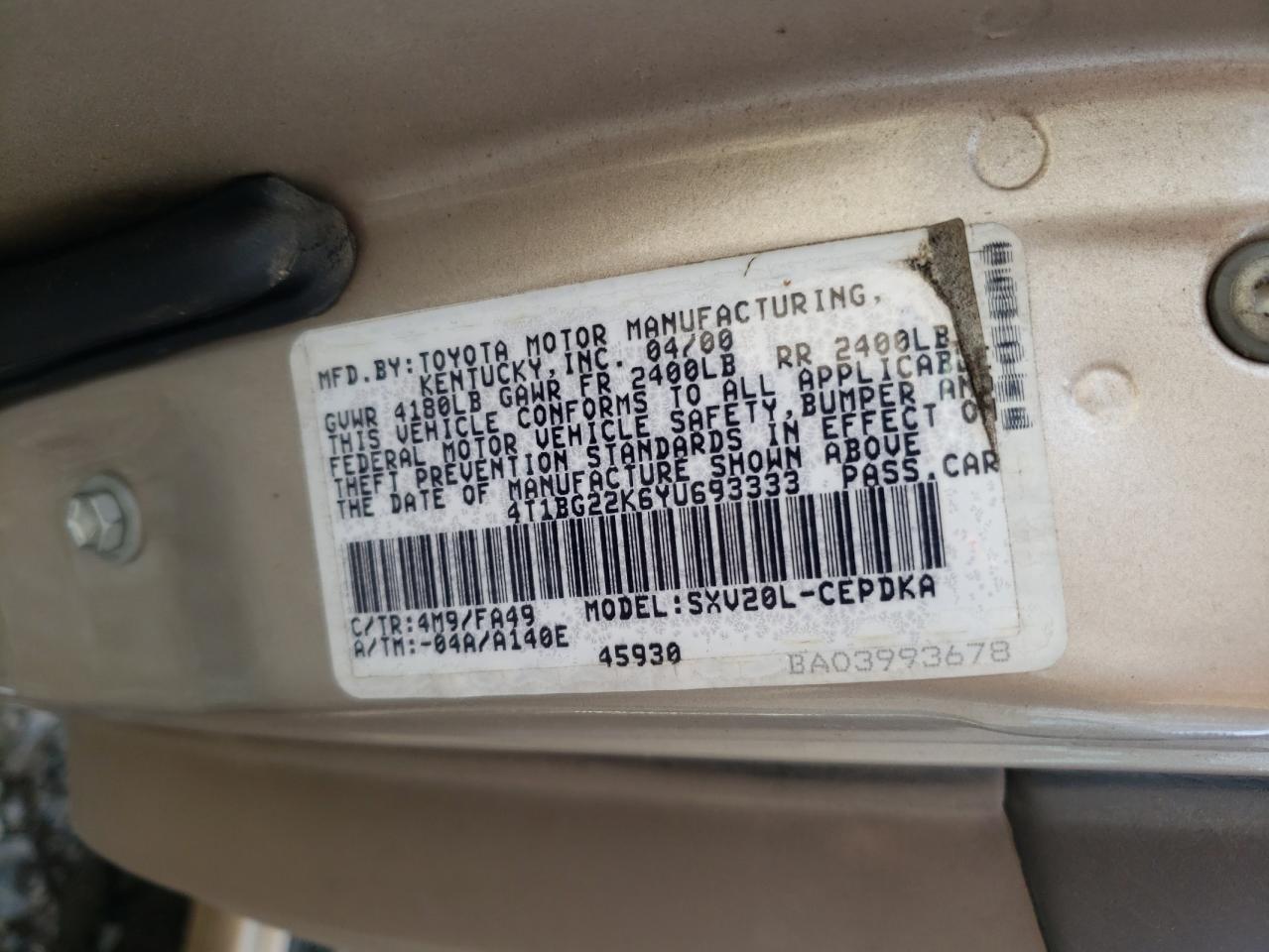 2000 Toyota Camry VIN 4T1BG22K6YU693333 Copart auction photo, front end damage thumbnail 13