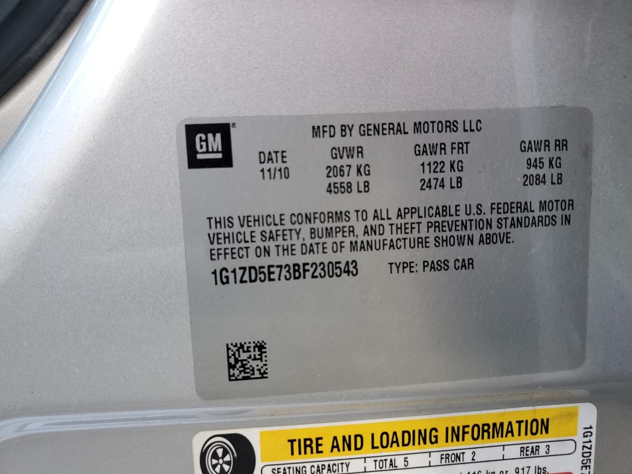 2011 Chevrolet Malibu VIN 1G1ZD5E73BF230543 Copart auction photo, rear end / side damage thumbnail 12