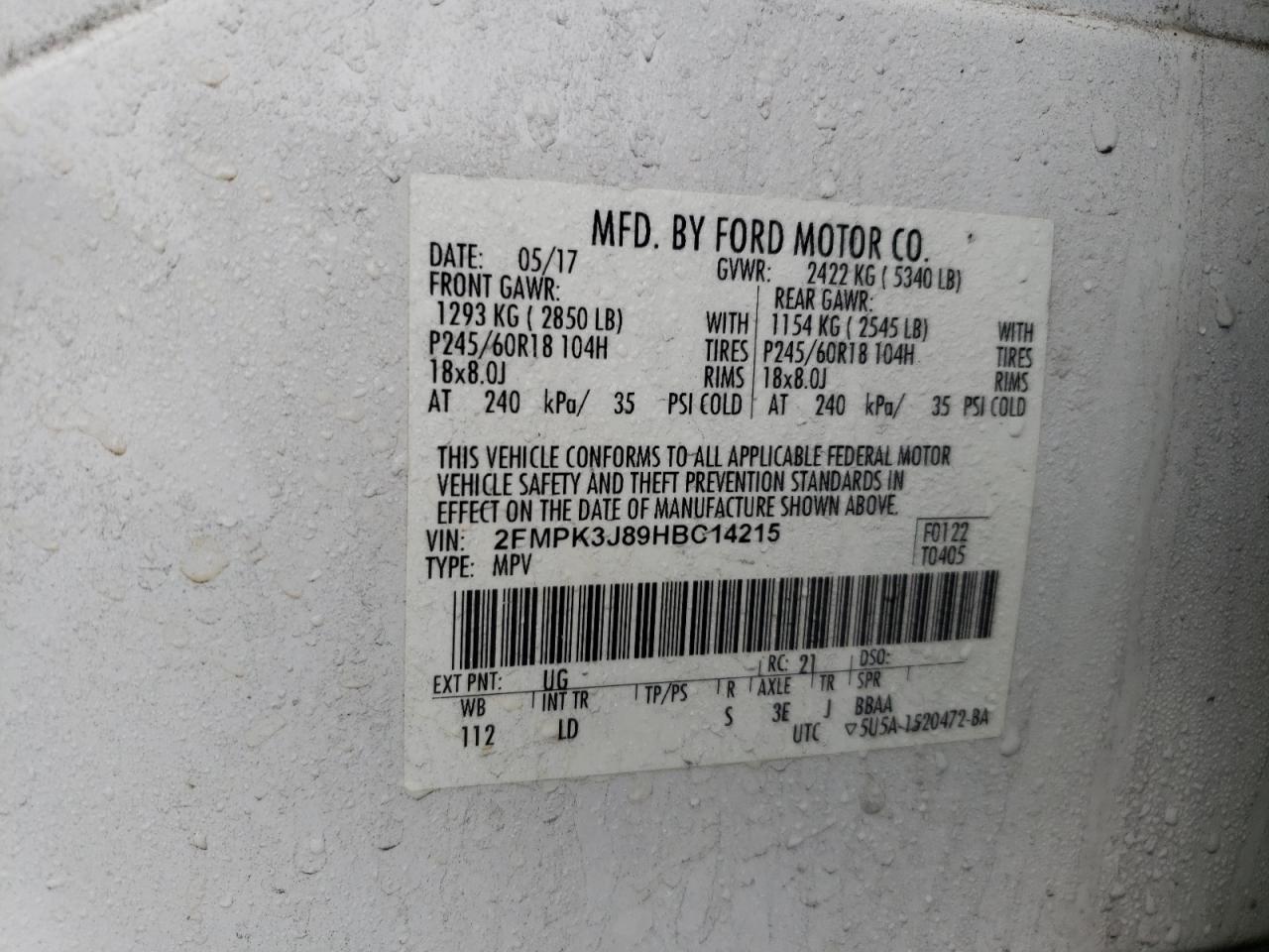 2017 Ford Edge VIN 2FMPK3J89HBC14215 Copart auction photo, rear end damage thumbnail 13