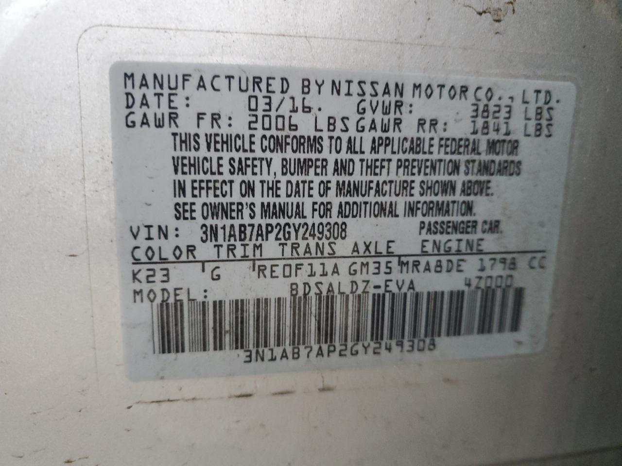 2016 Nissan Sentra VIN 3N1AB7AP2GY249308 Copart auction photo, minor dent/scratches damage thumbnail 12