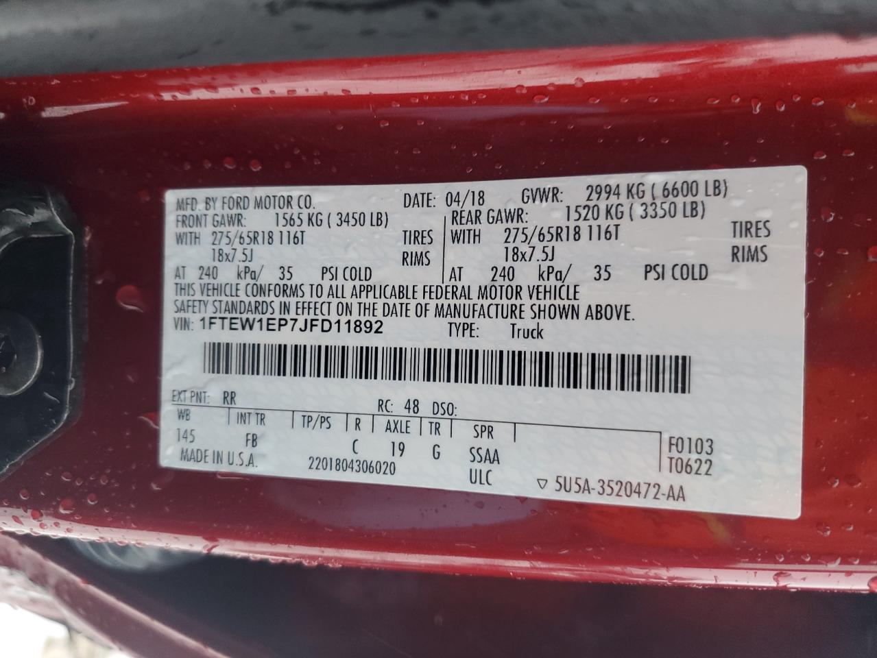 2018 Ford F-150 VIN 1FTEW1EP7JFD11892 Copart auction photo, side / front end damage thumbnail 12
