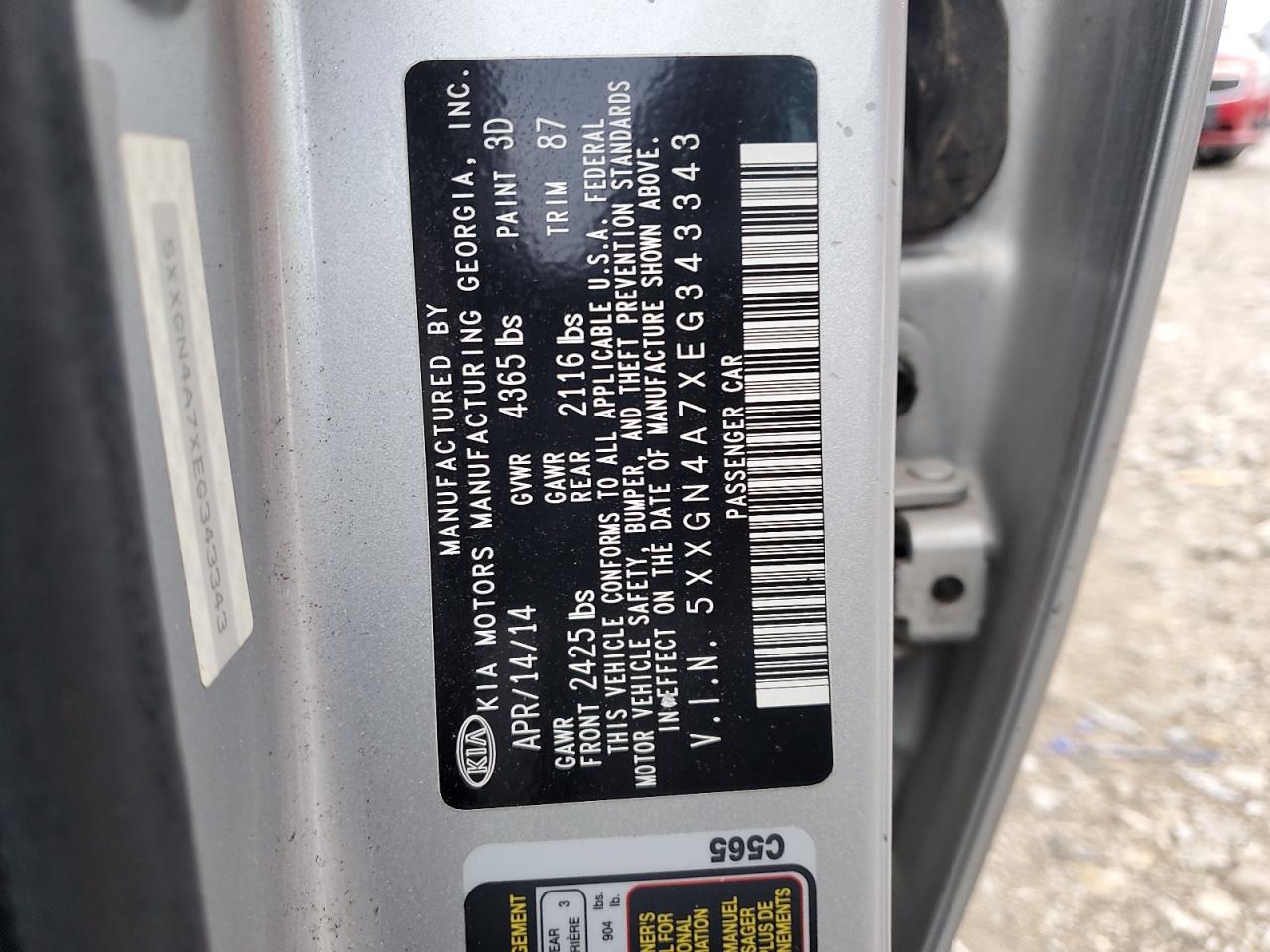 2014 KIA Optima VIN 5XXGN4A7XEG343343 Copart auction photo, front end damage thumbnail 12