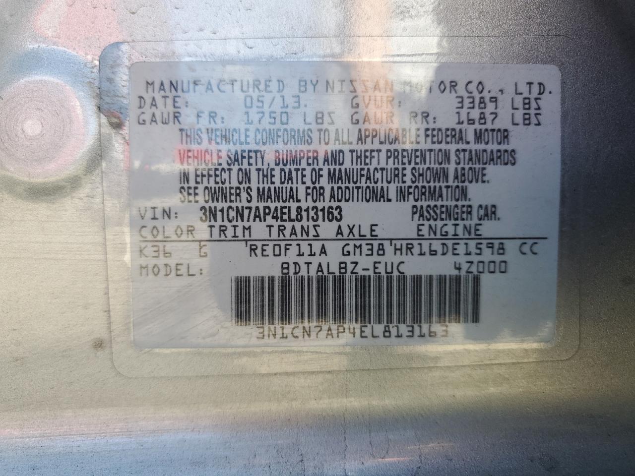 2014 Nissan Versa VIN 3N1CN7AP4EL813163 Copart auction photo, front end damage thumbnail 12