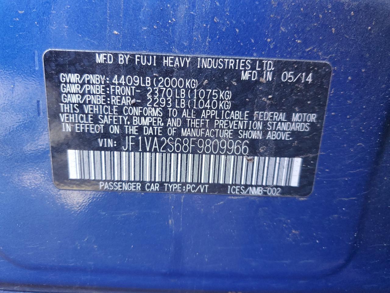 2015 Subaru WRX VIN JF1VA2S68F9809966 Copart auction photo, rear end damage thumbnail 13