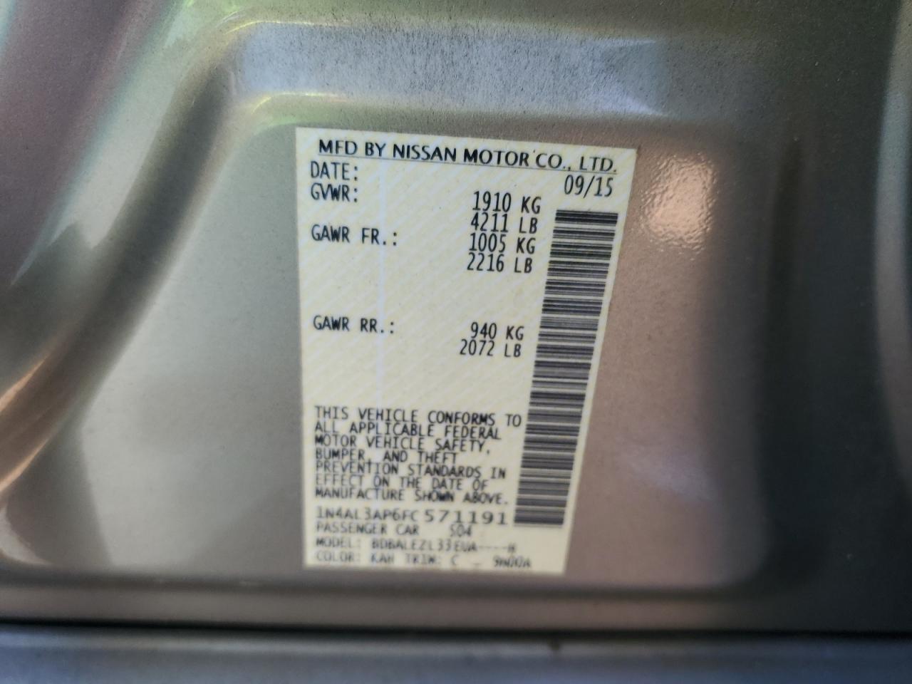 2015 Nissan Altima VIN 1N4AL3AP6FC571191 Copart auction photo, rollover damage thumbnail 14