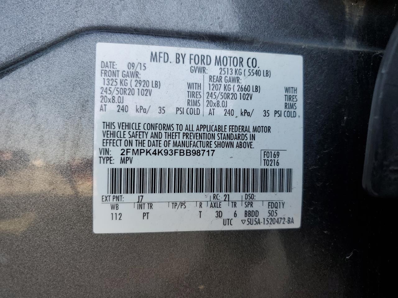 2015 Ford Edge VIN 2FMPK4K93FBB98717 Copart auction photo, front end / side damage thumbnail 14