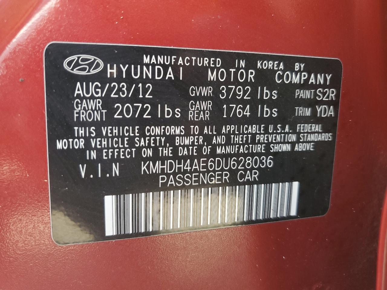 2013 Hyundai Elantra VIN KMHDH4AE6DU628036 Copart auction photo, water/flood damage thumbnail 13
