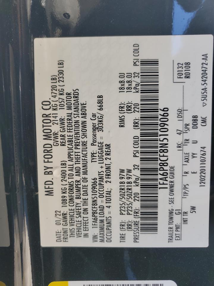 2022 Ford Mustang VIN 1FA6P8CF8N5109066 Copart auction photo, front end / side damage thumbnail 13