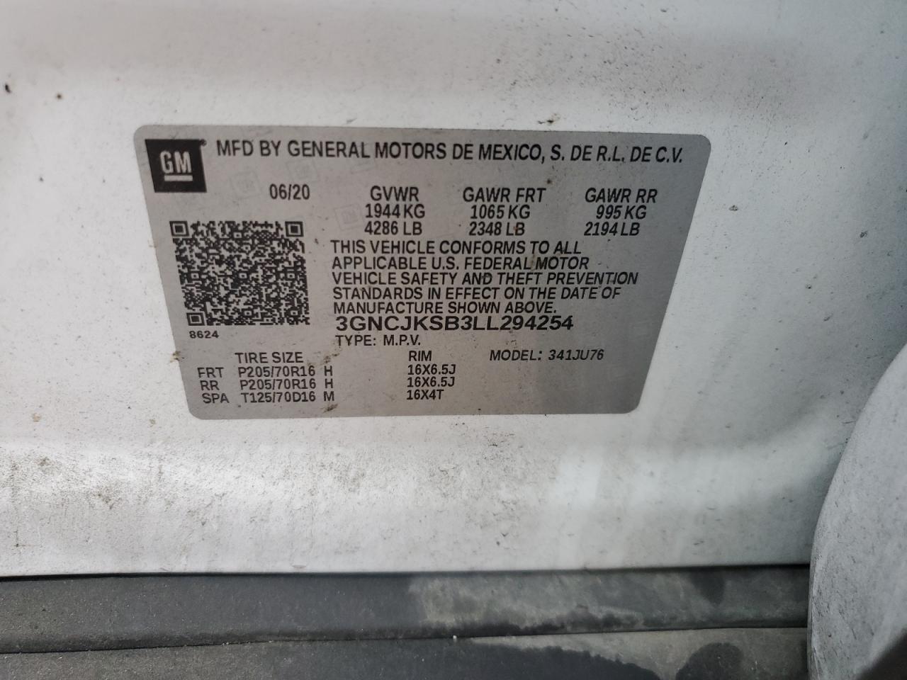 2020 Chevrolet Trax VIN 3GNCJKSB3LL294254 Copart auction photo, front end / undercarriage damage thumbnail 13