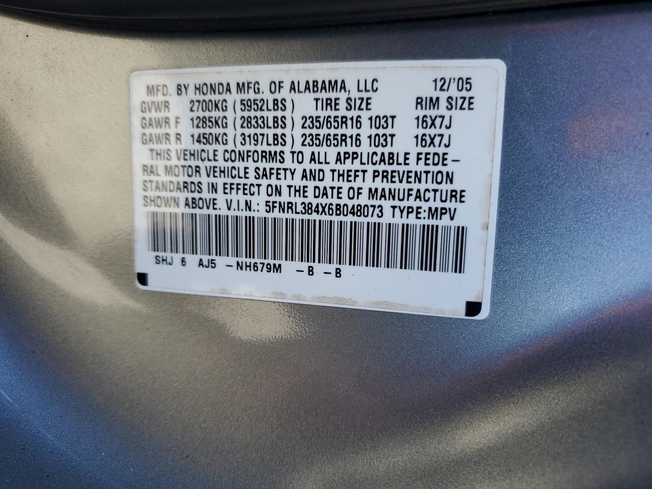 2006 Honda Odyssey VIN 5FNRL384X6B048073 Copart auction photo, front end / minor dent/scratches damage thumbnail 14