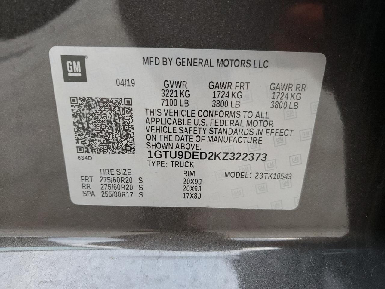 2019 GMC Sierra VIN 1GTU9DED2KZ322373 Copart auction photo, all over damage thumbnail 13