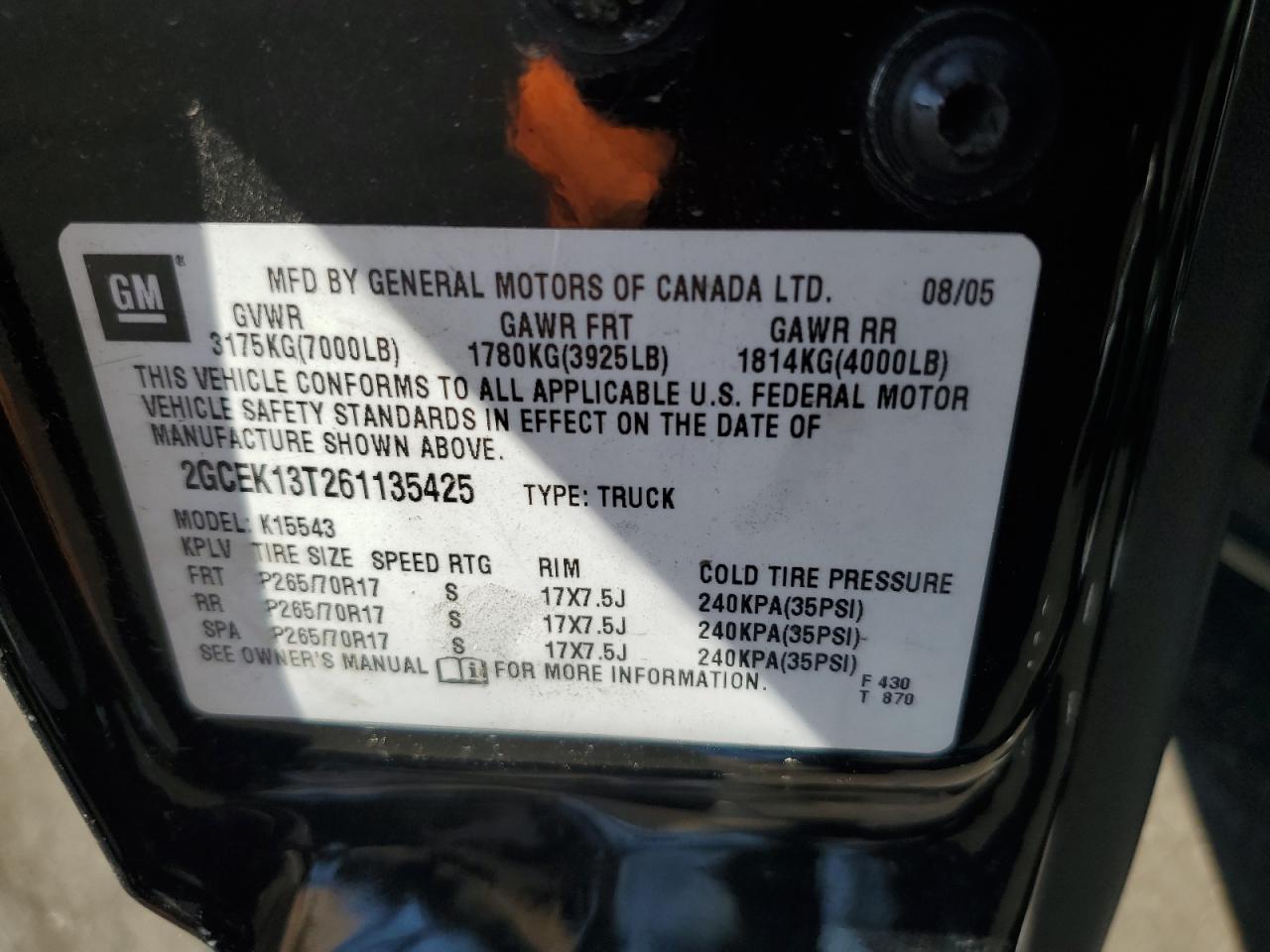 2006 Chevrolet Silverado VIN 2GCEK13T261135425 Copart auction photo, biohazard/chemical damage thumbnail 12