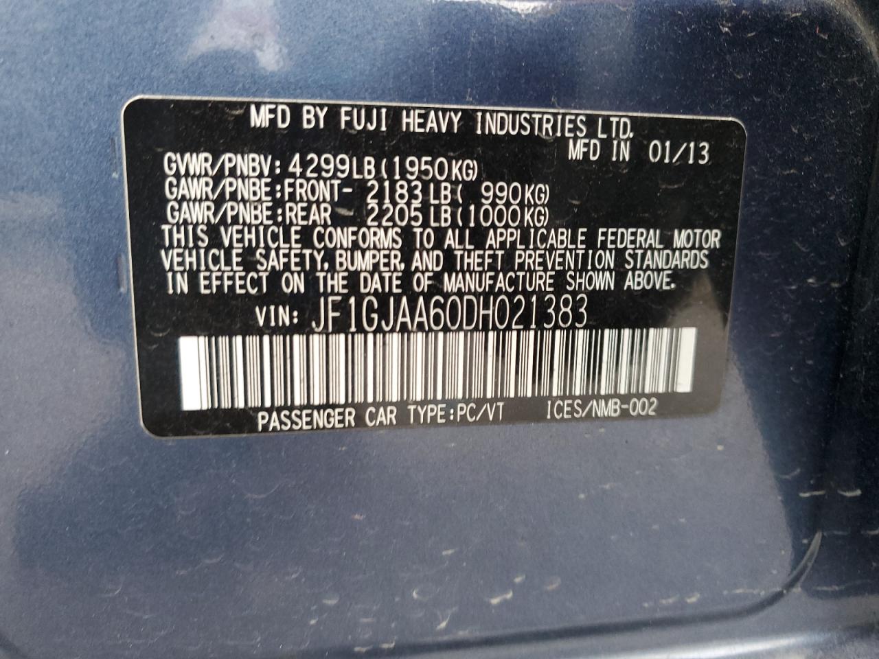 2013 Subaru Impreza VIN JF1GJAA60DH021383 Copart auction photo, front end / side damage thumbnail 13