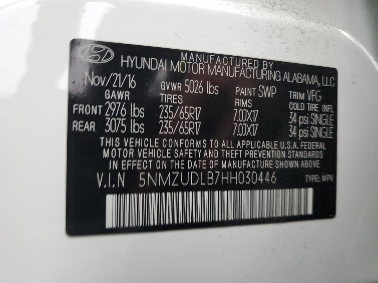2017 Hyundai Santa Fe VIN 5NMZUDLB7HH030446 Copart auction photo, front end / side damage thumbnail 13