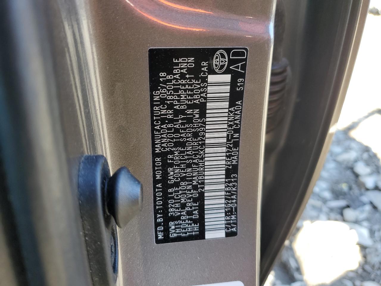2019 Toyota Corolla VIN 2T1BURHE5KC129975 Copart auction photo, front end damage thumbnail 12