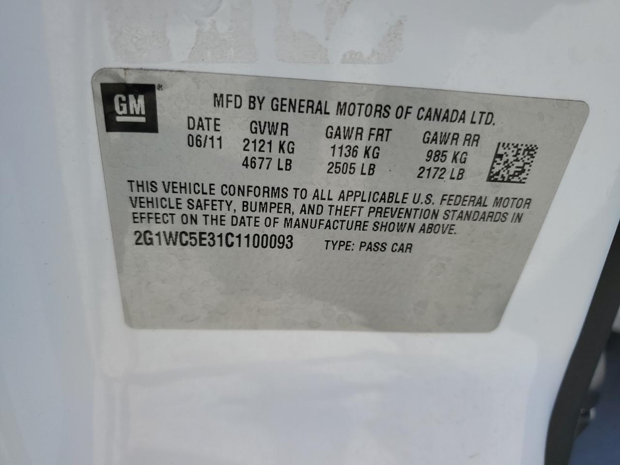 2012 Chevrolet Impala VIN 2G1WC5E31C1100093 Copart auction photo, rear end / side damage thumbnail 12