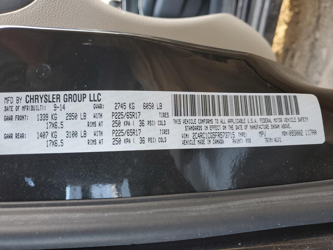 2015 Chrysler Town & Country VIN 2C4RC1CG5FR573715 Copart auction photo, side damage thumbnail 13