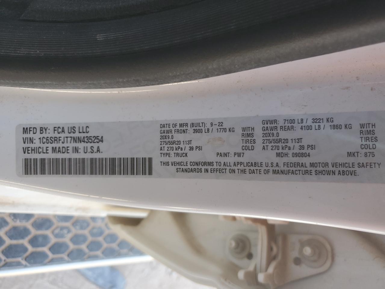 2022 RAM 1500 VIN 1C6SRFJT7NN435254 Copart auction photo, side damage thumbnail 12