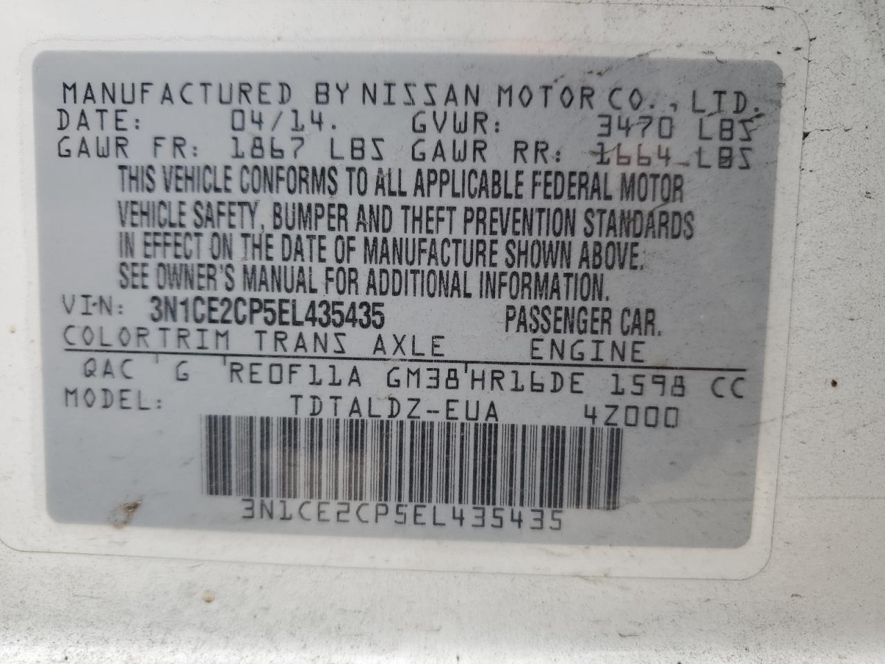 2014 Nissan Versa VIN 3N1CE2CP5EL435435 Copart auction photo, front end damage thumbnail 13