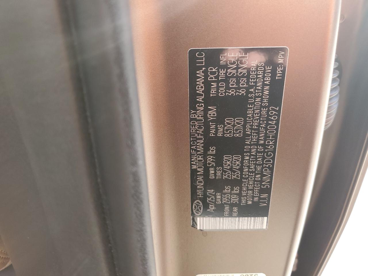 2024 Hyundai Santa Fe VIN 5NMP3DG16RH004692 Copart auction photo, front end damage thumbnail 13