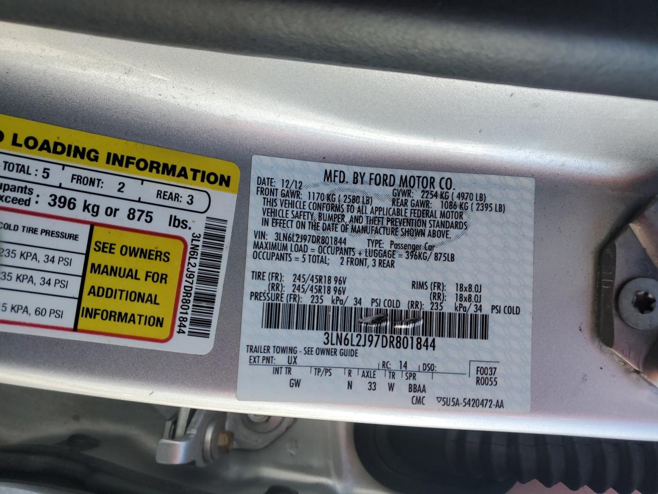2013 Lincoln MKZ VIN 3LN6L2J97DR801844 Copart auction photo, front end damage thumbnail 12