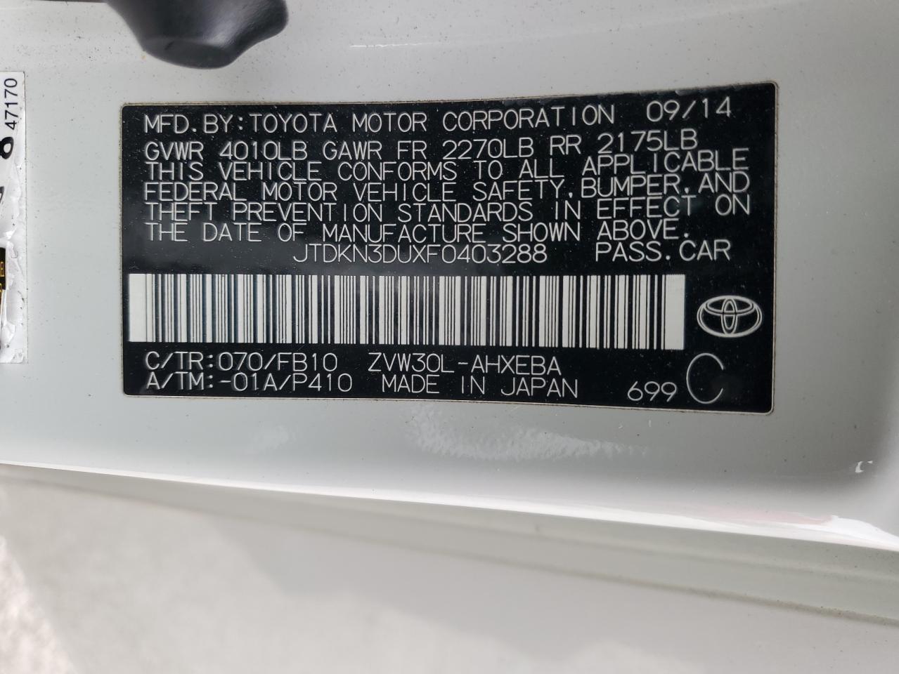 2015 Toyota Prius VIN JTDKN3DUXF0403288 Copart auction photo, front end damage thumbnail 12