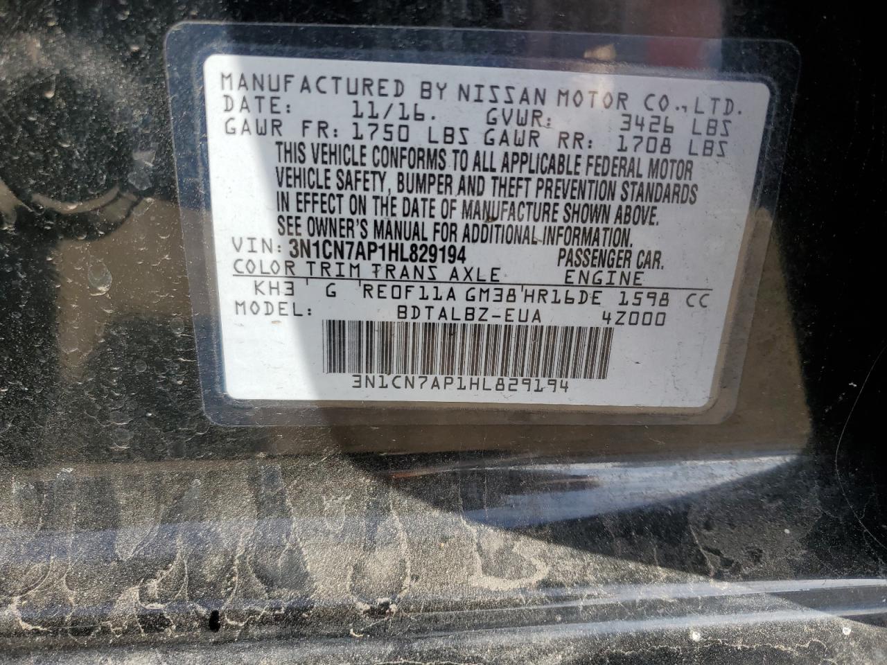 2017 Nissan Versa VIN 3N1CN7AP1HL829194 Copart auction photo, all over damage thumbnail 12