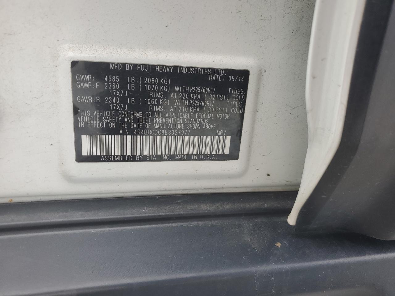 2014 Subaru Outback VIN 4S4BRCDC8E3327977 Copart auction photo, normal wear damage thumbnail 14