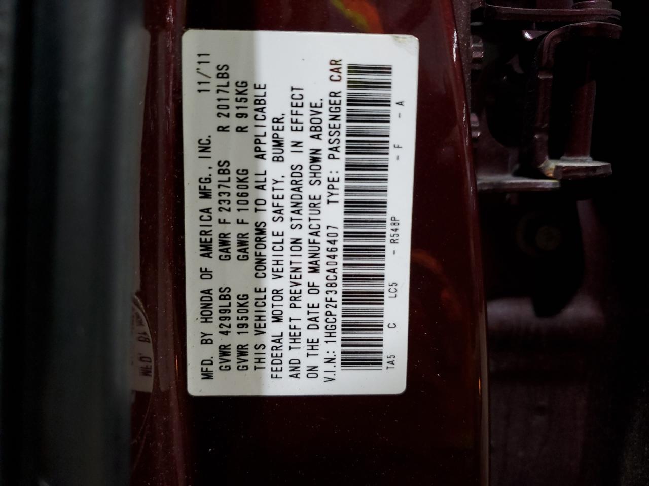 2012 Honda Accord VIN 1HGCP2F38CA046407 Copart auction photo, side damage thumbnail 14