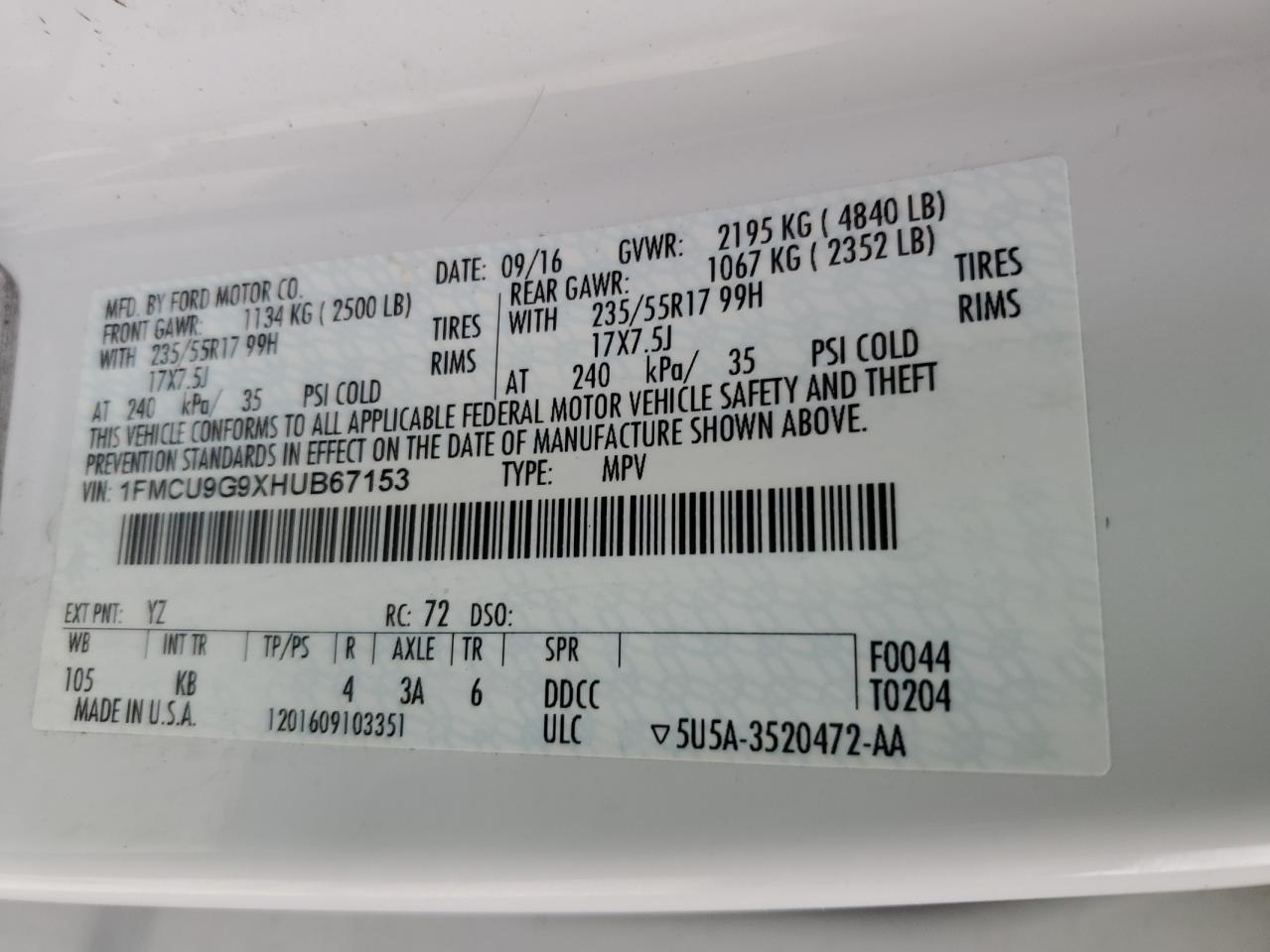 2017 Ford Escape VIN 1FMCU9G9XHUB67153 Copart auction photo, front end damage thumbnail 13
