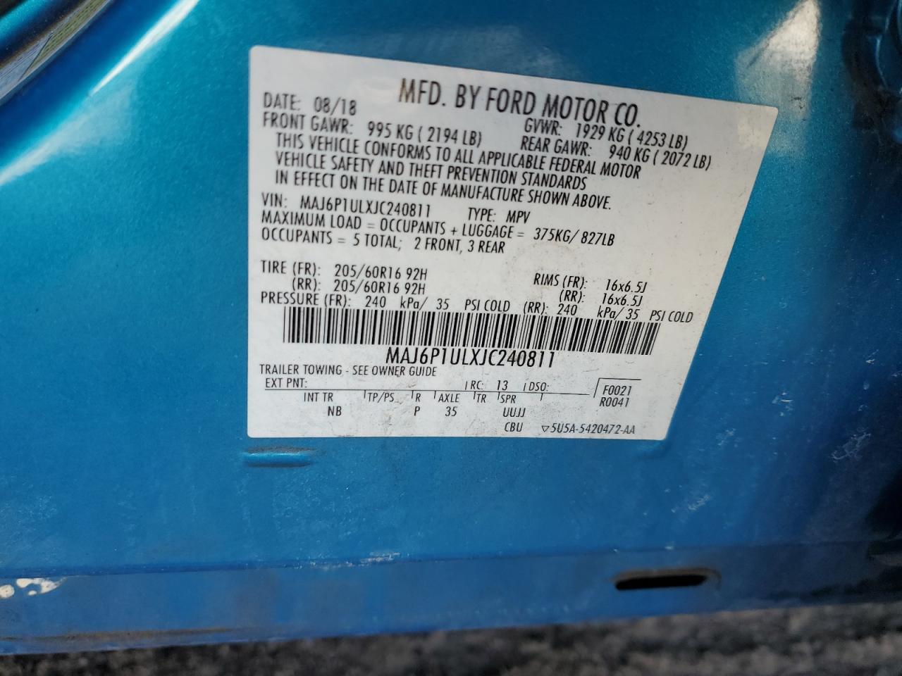 2018 Ford EcoSport VIN MAJ6P1ULXJC240811 Copart auction photo, all over damage thumbnail 15