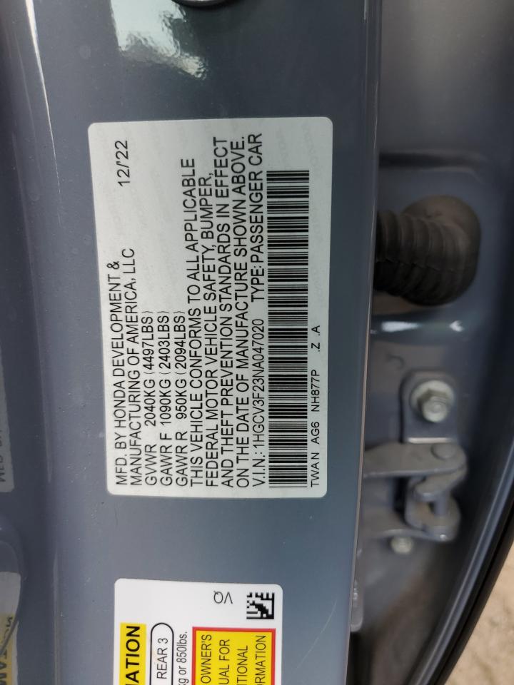 2022 Honda Accord VIN 1HGCV3F23NA047020 Copart auction photo, front end / side damage thumbnail 14