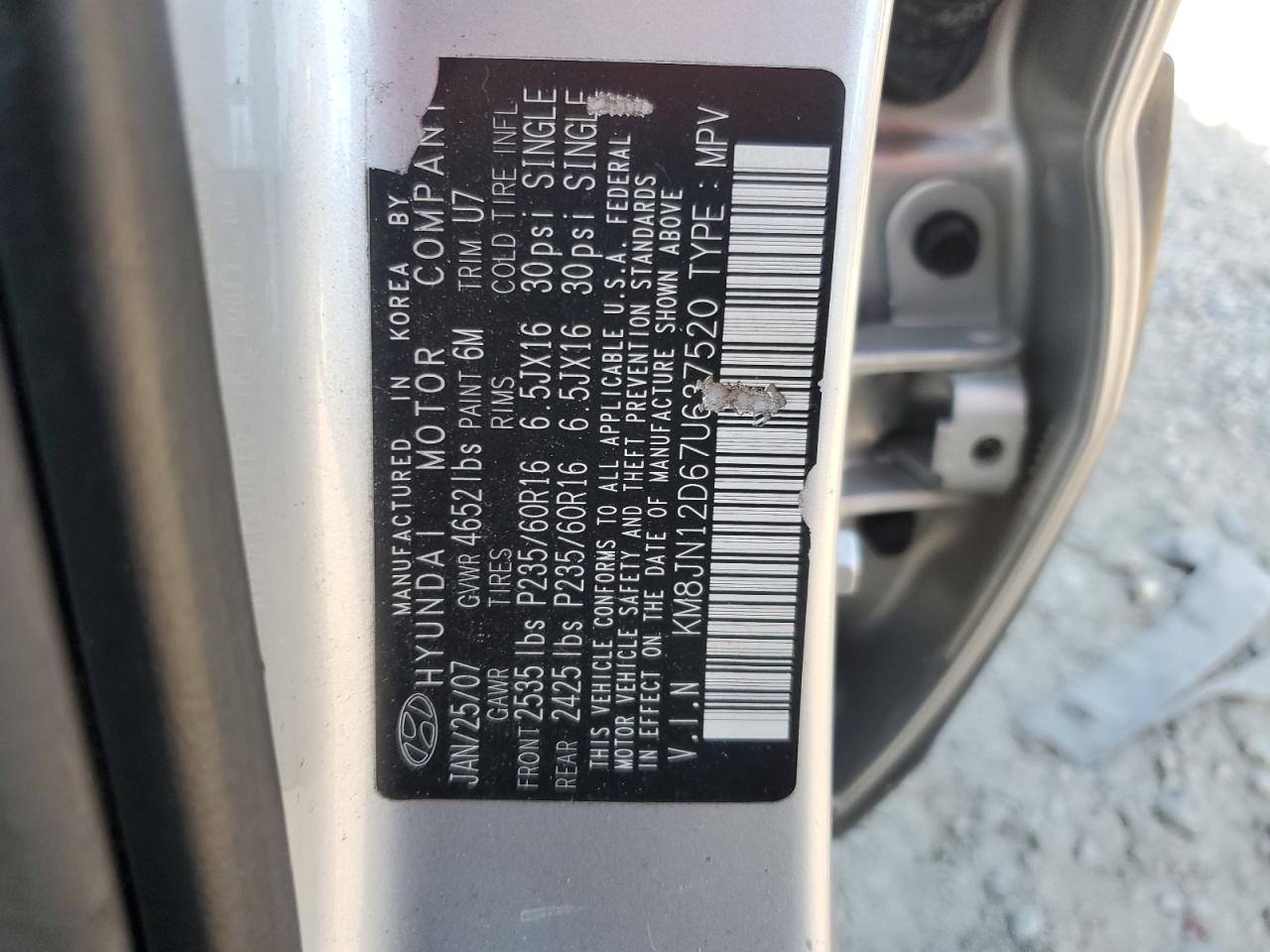 2007 Hyundai Tucson VIN KM8JN12D67U637520 Copart auction photo, front end damage thumbnail 15