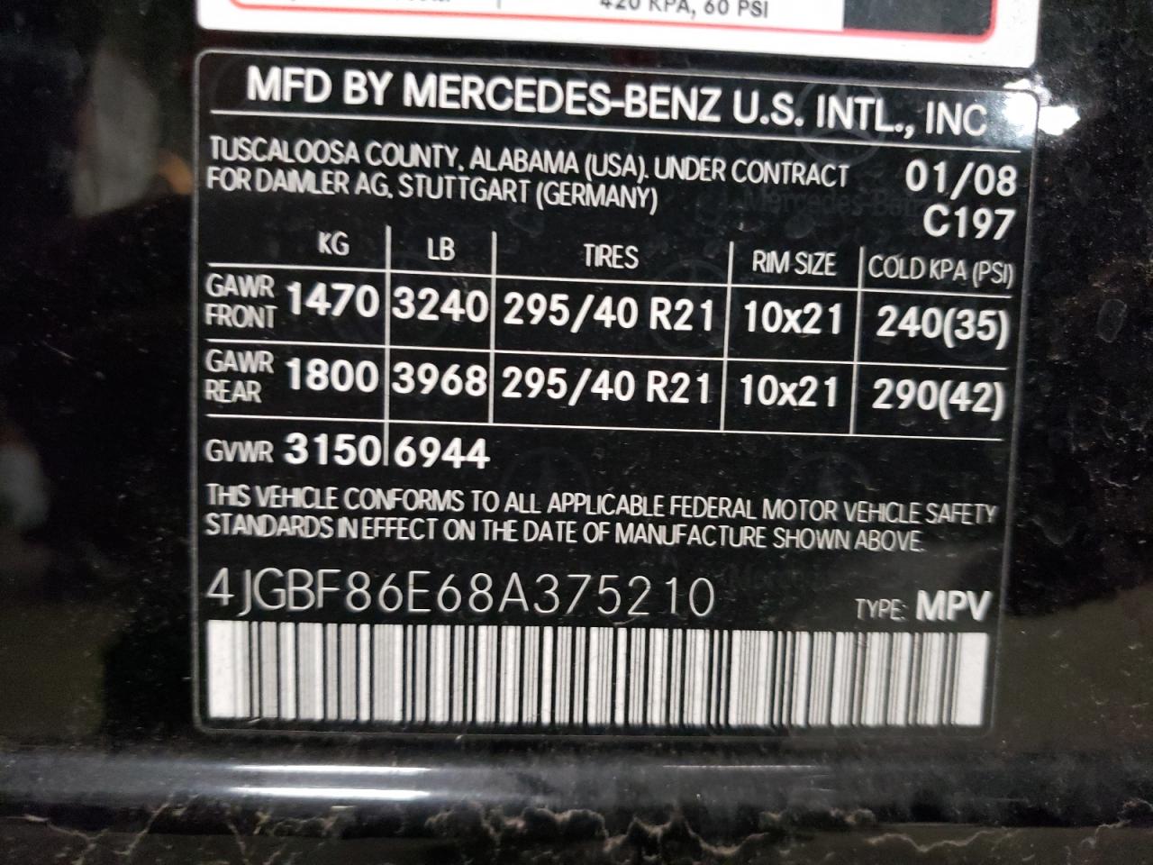 2008 Mercedes-Benz GL-klasse VIN 4JGBF86E68A375210 Copart auction photo, side / front end damage thumbnail 13