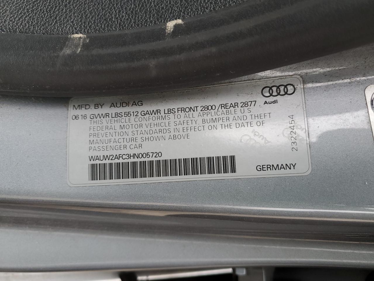 2017 Audi A7 VIN WAUW2AFC3HN005720 Copart auction photo, front end / minor dent/scratches damage thumbnail 14