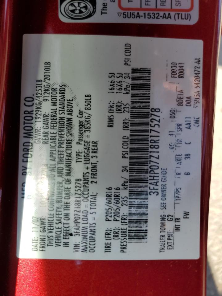 2008 Ford Fusion VIN 3FAHP07Z18R175278 Copart auction photo, front end damage thumbnail 12