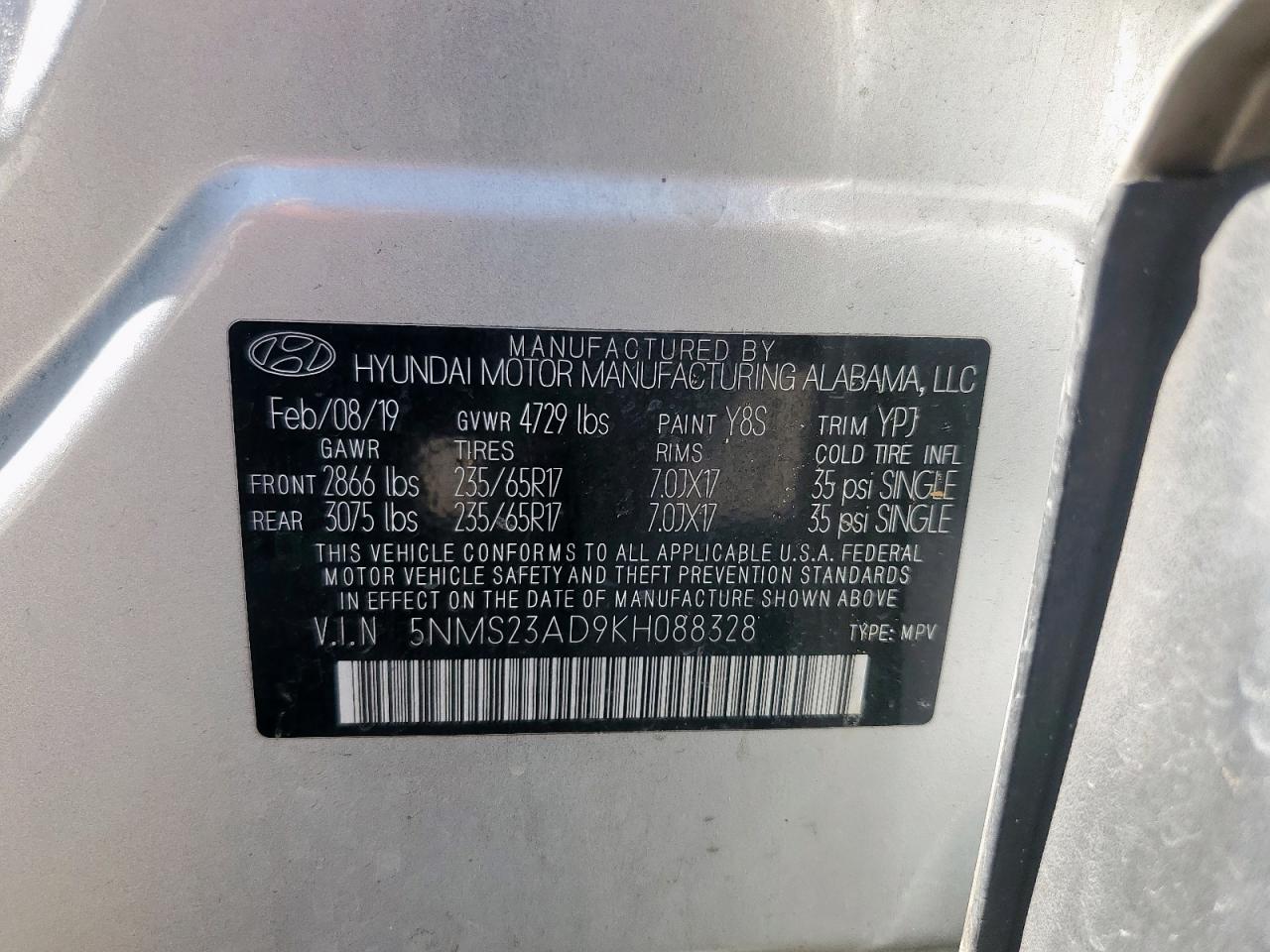 2019 Hyundai Santa Fe VIN 5NMS23AD9KH088328 Copart auction photo, side damage thumbnail 12