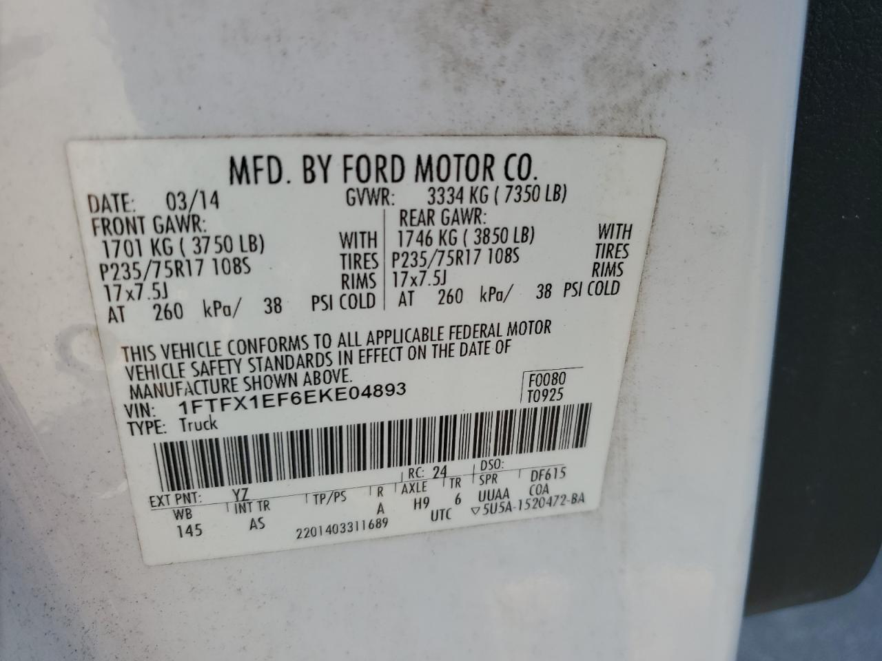 2014 Ford F-150 VIN 1FTFX1EF6EKE04893 Copart auction photo, water/flood / minor dent/scratches damage thumbnail 13