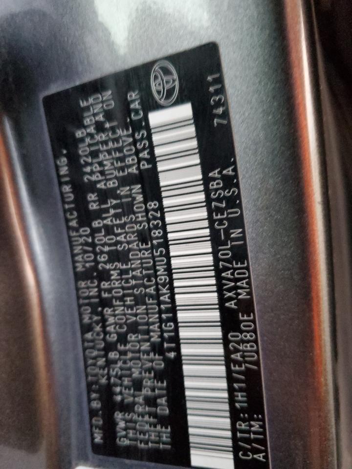 2021 Toyota Camry VIN 4T1G11AK9MU518328 Copart auction photo, front end / minor dent/scratches damage thumbnail 12