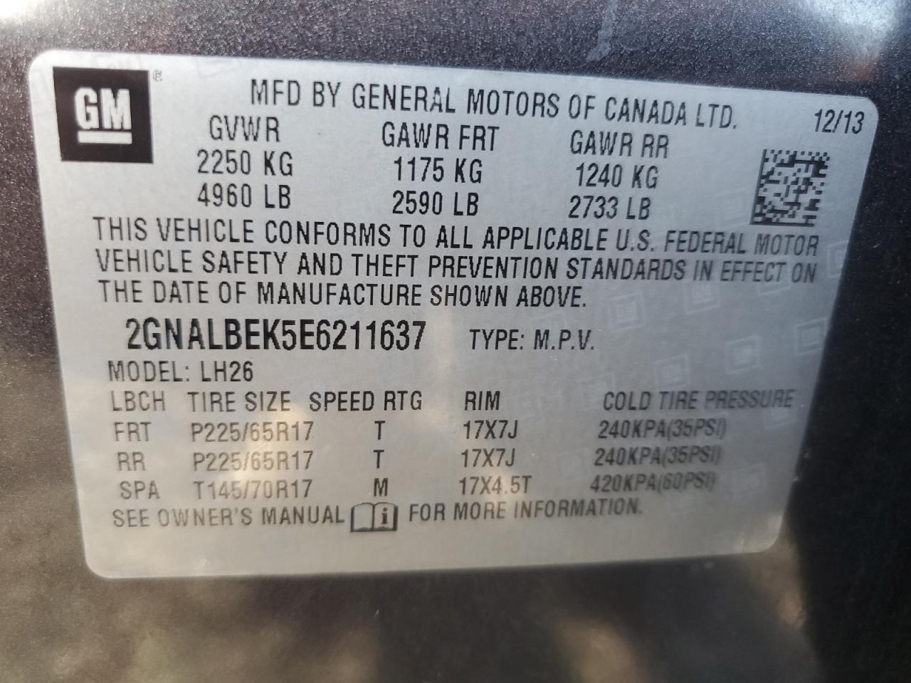 2014 Chevrolet Equinox VIN 2GNALBEK5E6211637 Copart auction photo, side / front end damage thumbnail 14
