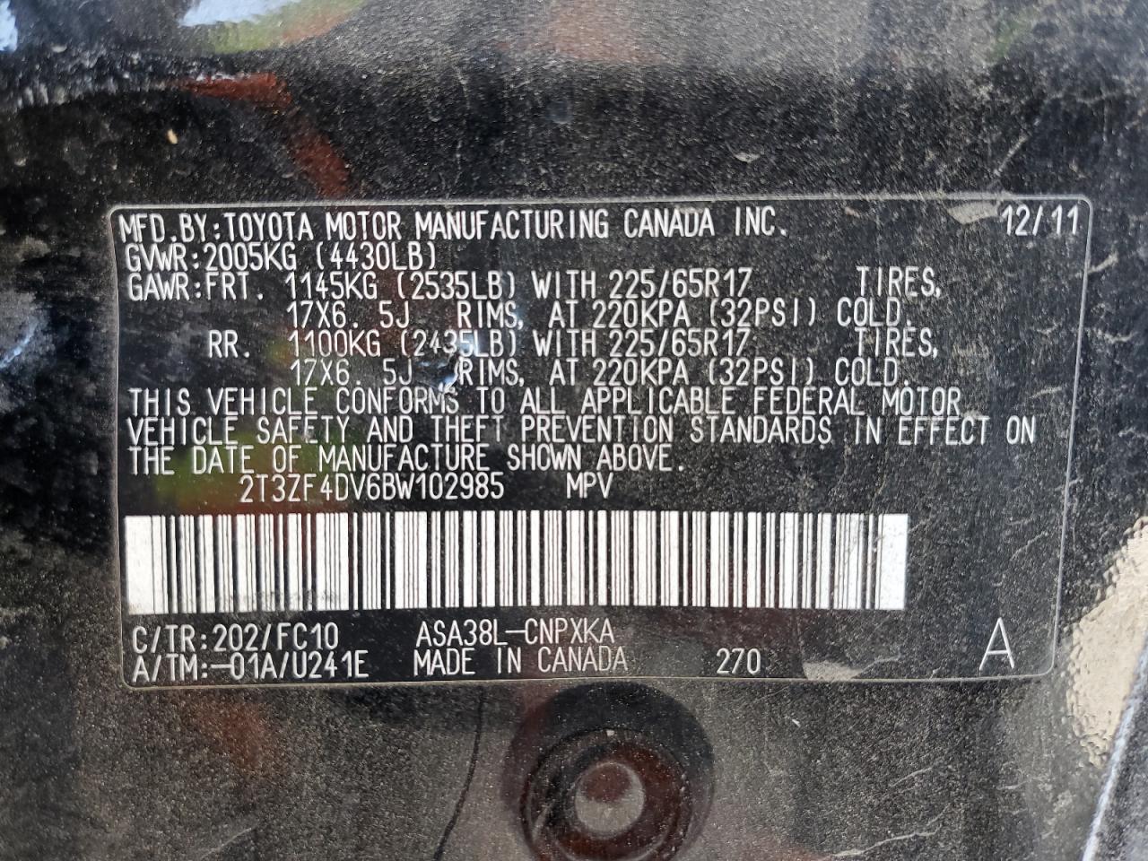 2011 Toyota RAV 4 VIN 2T3ZF4DV6BW102985 Copart auction photo, side / minor dent/scratches damage thumbnail 15