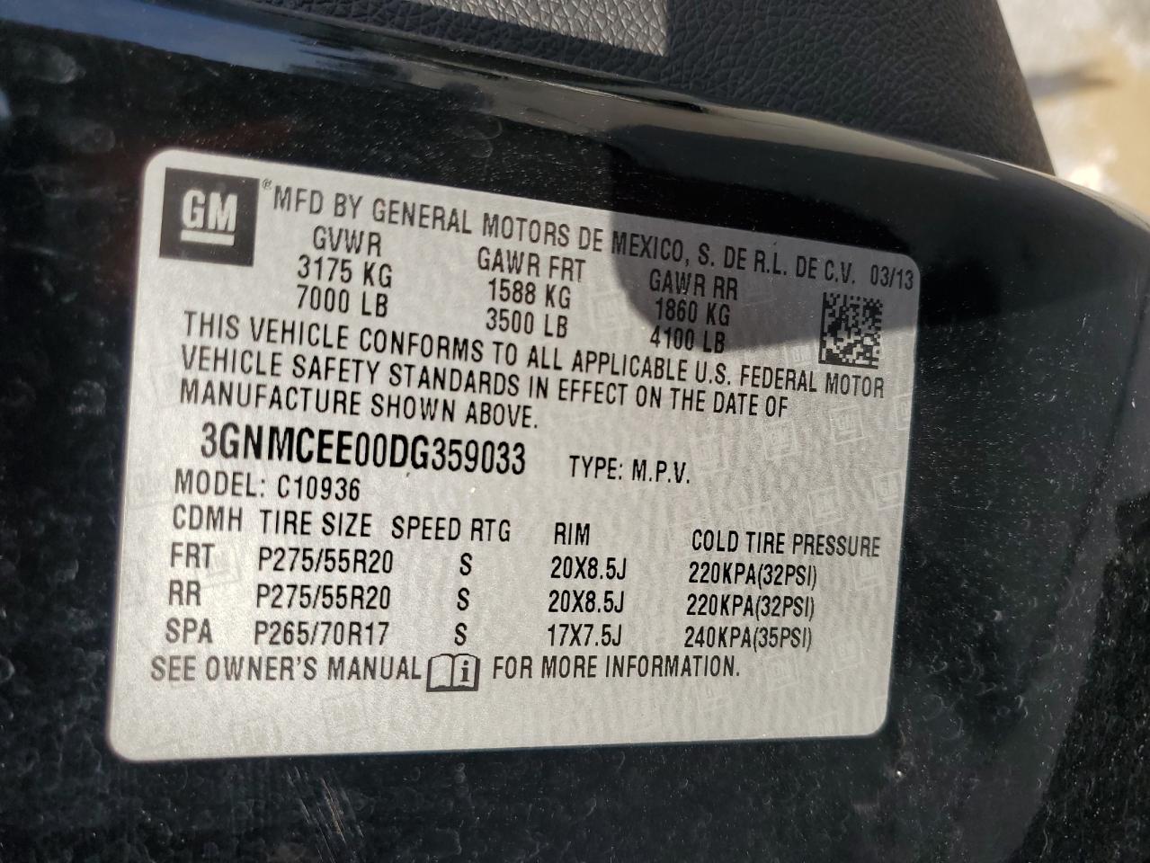 2013 Chevrolet Avalanche VIN 3GNMCEE00DG359033 Copart auction photo, side damage thumbnail 12