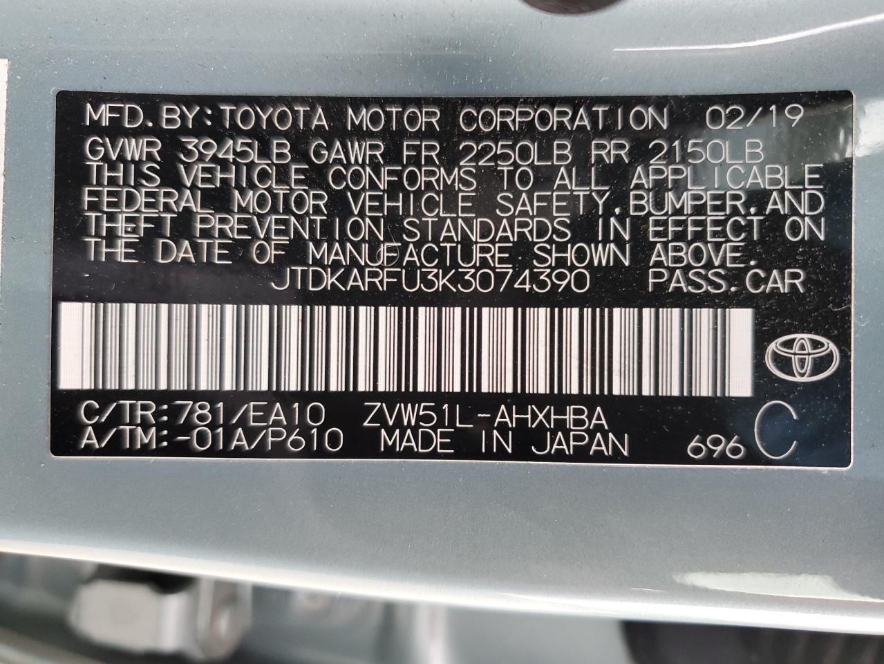 2019 Toyota Prius VIN JTDKARFU3K3074390 Copart auction photo, side damage thumbnail 13