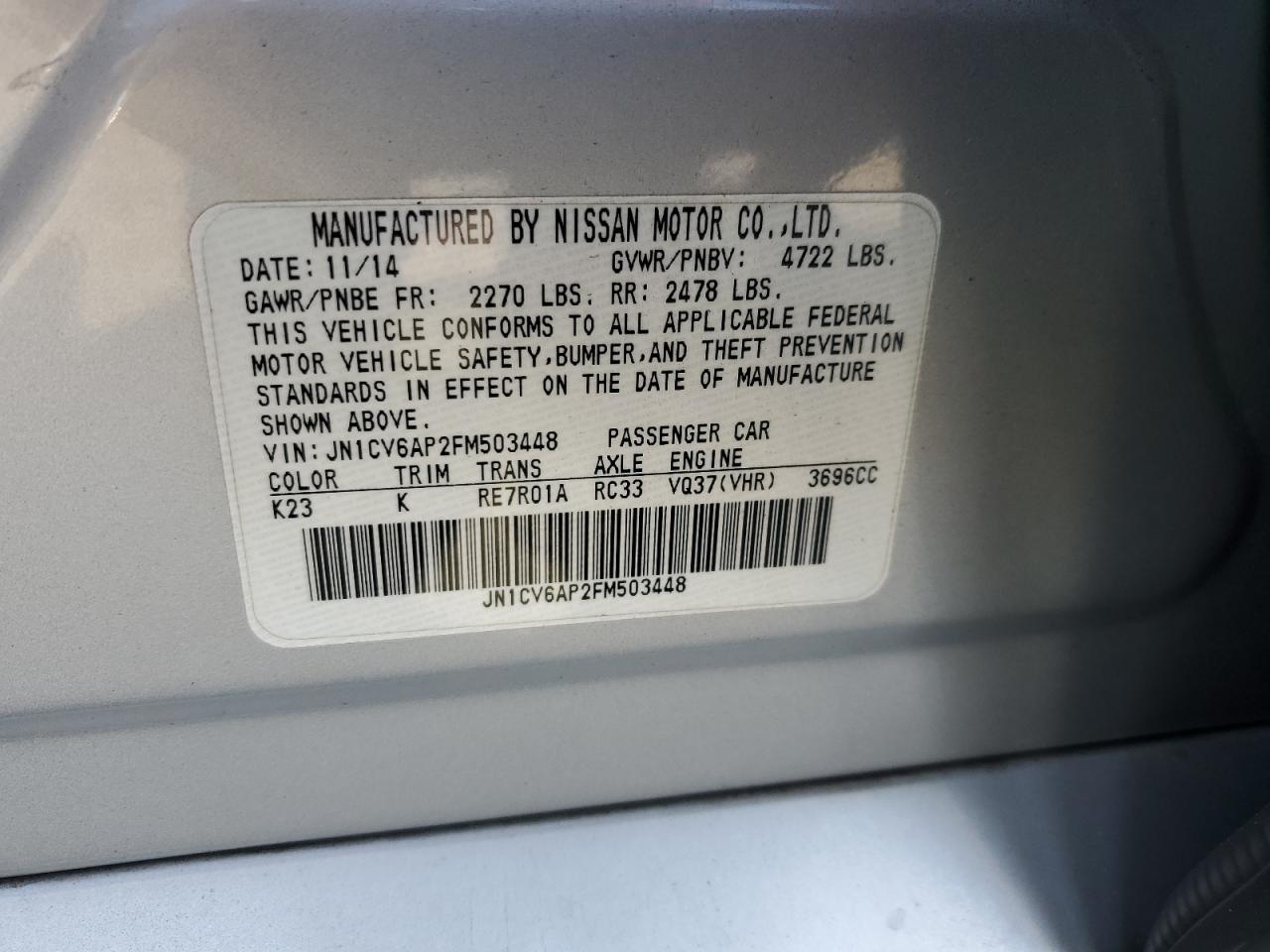2015 Infiniti Q40 VIN JN1CV6AP2FM503448 Copart auction photo, front end damage thumbnail 12