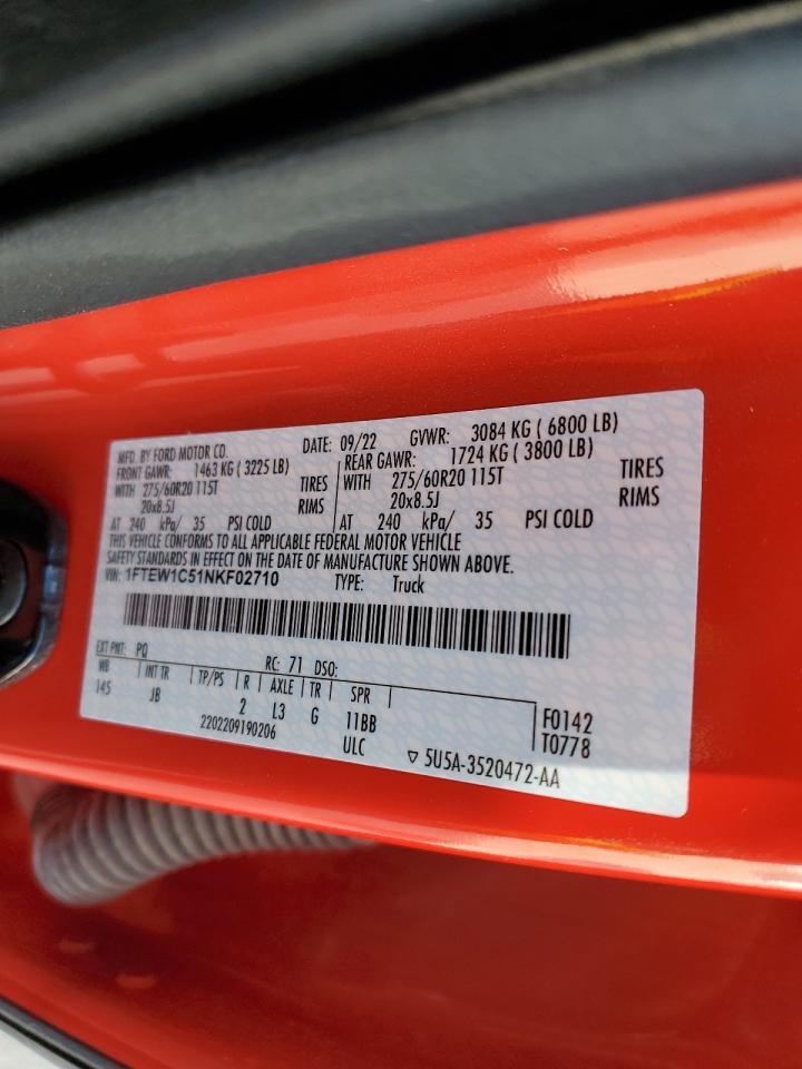 2022 Ford F-150 VIN 1FTEW1C51NKF02710 Copart auction photo, front end / frame damage damage thumbnail 14