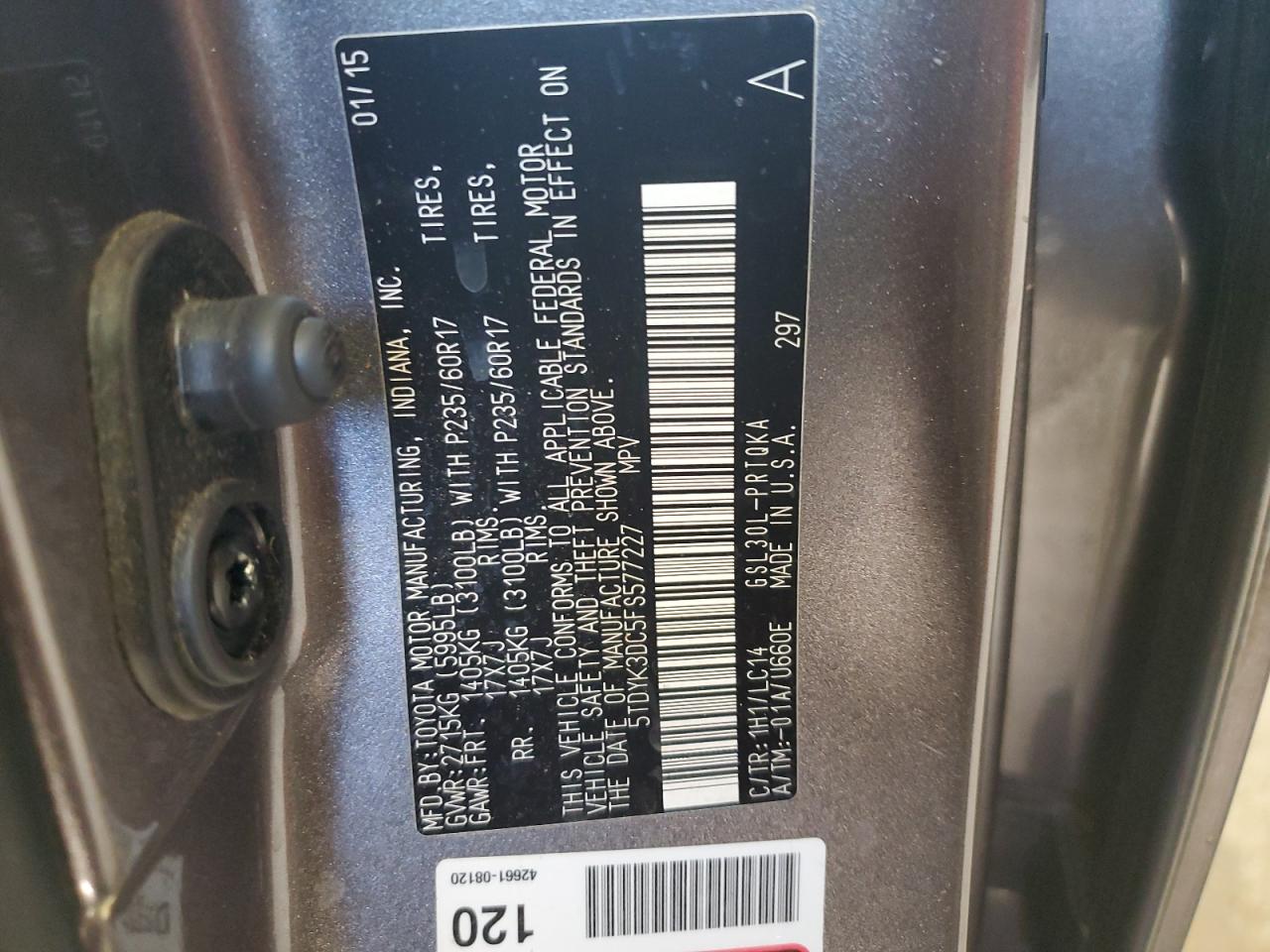 2015 Toyota Sienna VIN 5TDYK3DC5FS577227 Copart auction photo, side damage thumbnail 13