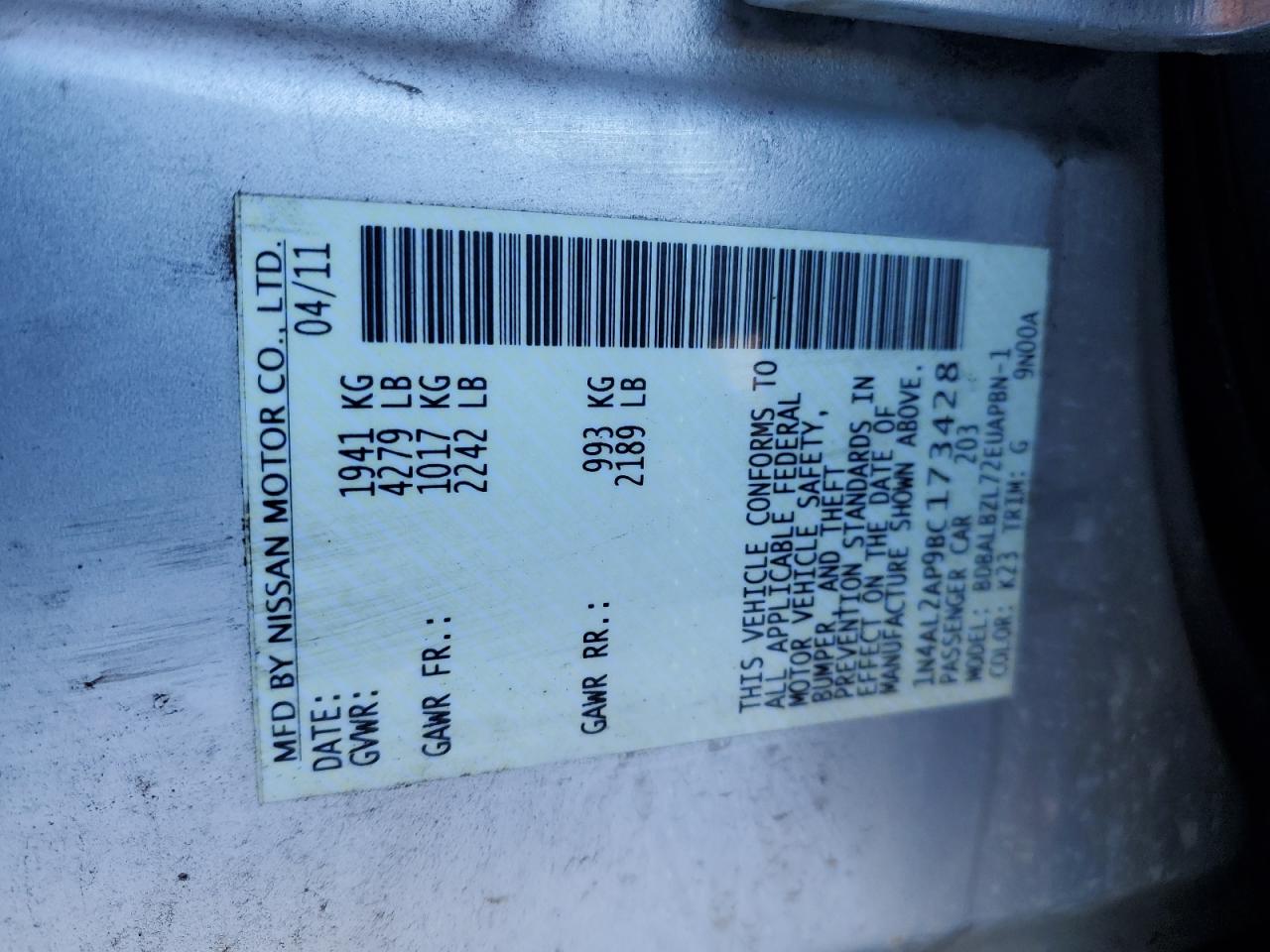 2011 Nissan Altima VIN 1N4AL2AP9BC173428 Copart auction photo, rear end damage thumbnail 12